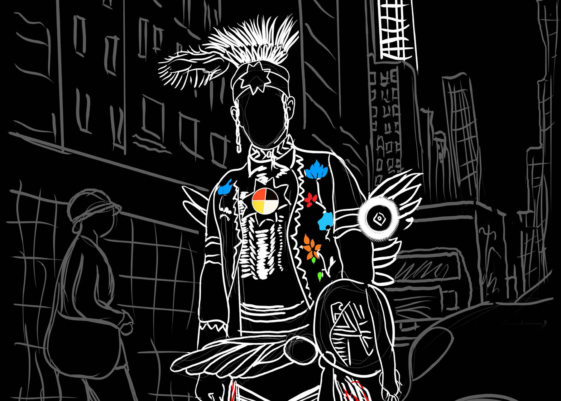 A white line drawing against a black background by artist June Lee Van Dunk