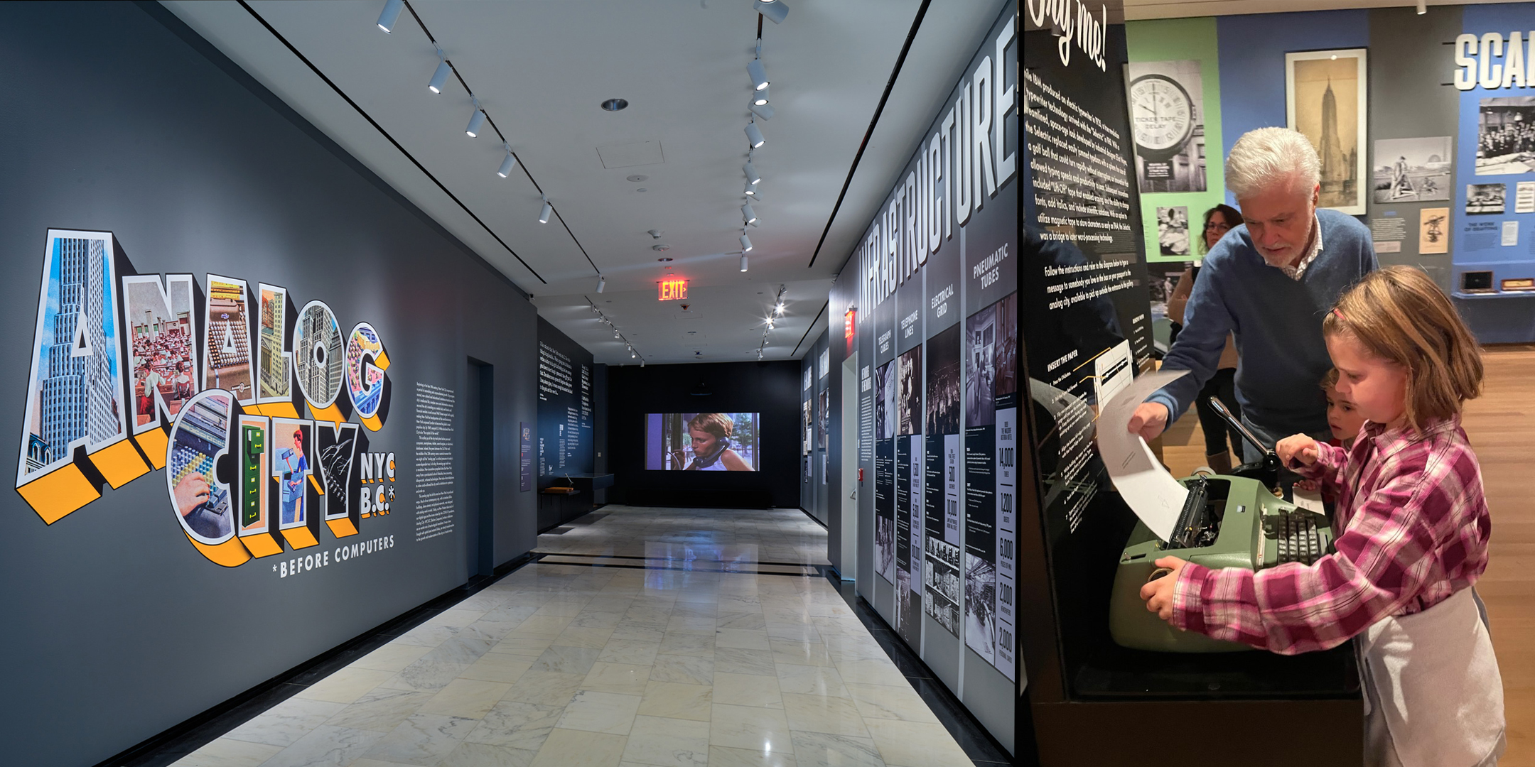 Composite image. On the left, an installation view of the hallway entering the exhibition Analog City, with the title treatment on the wall. On the right is an older gentleman helping a young girl feed paper into a typewriter