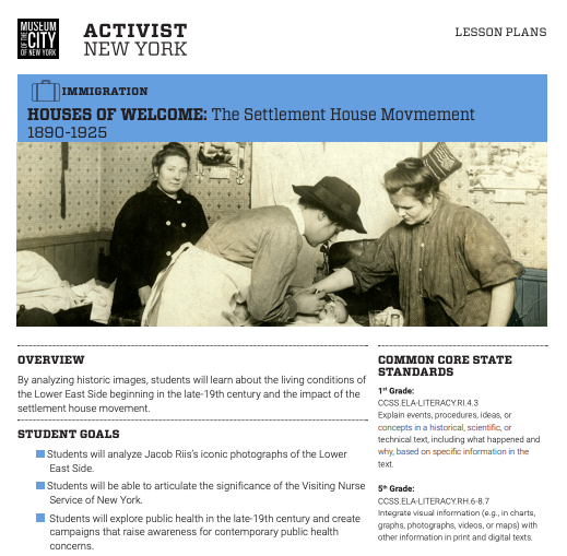 Screenshot of the lesson plan for “Houses of Welcome: The Settlement House Movement, 1890-1925."