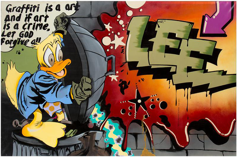 Brightly colored oil painting on canvas entitled Howard the Duck by Lee George Quiñones in the style of graffiti art. Lee’s name appears with the force of a thunderbolt on a brick wall and Howard the Duck shields himself with the lid of a trashcan. There’s a message in the top-left corner that says: “Graffiti is a art, and if art is a crime, let God forgive all.” 