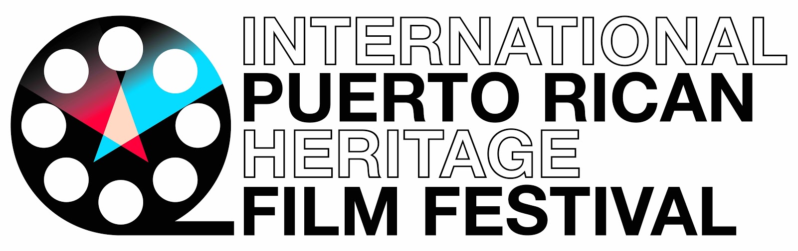 フィルム リールのグラフィックの横に黒の太字で書かれた国際プエルトリコ ヘリテージ フィルム フェスティバル。