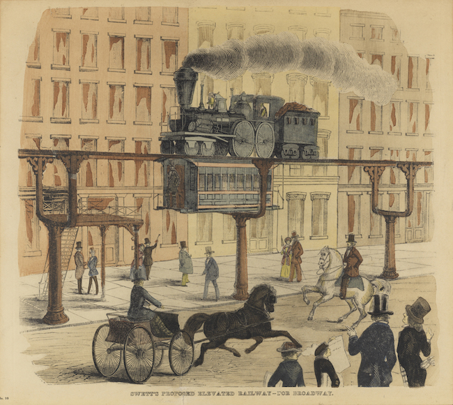 Colored drawing shows a street with horse-drawn carts and pedestrians, with an elevated platform and train car.