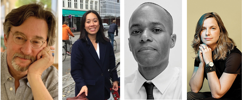 Head shots of Justin Davidson, Shin-pei Tsay, Justin Garrett Moore, and Kate Orff