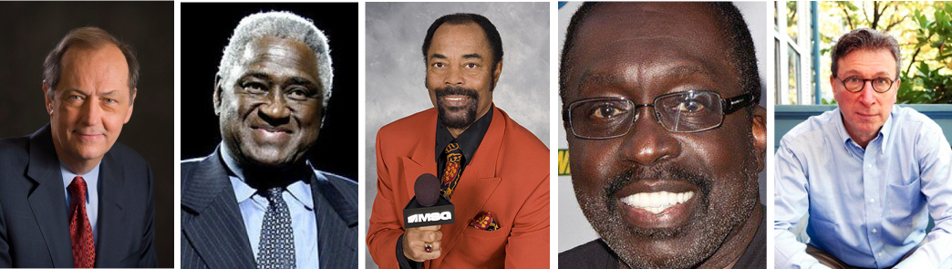 Fotos da cabeça de Bill Bradley, Willis Reed, Walt Frazier, Earl Monroe e Harvey Araton