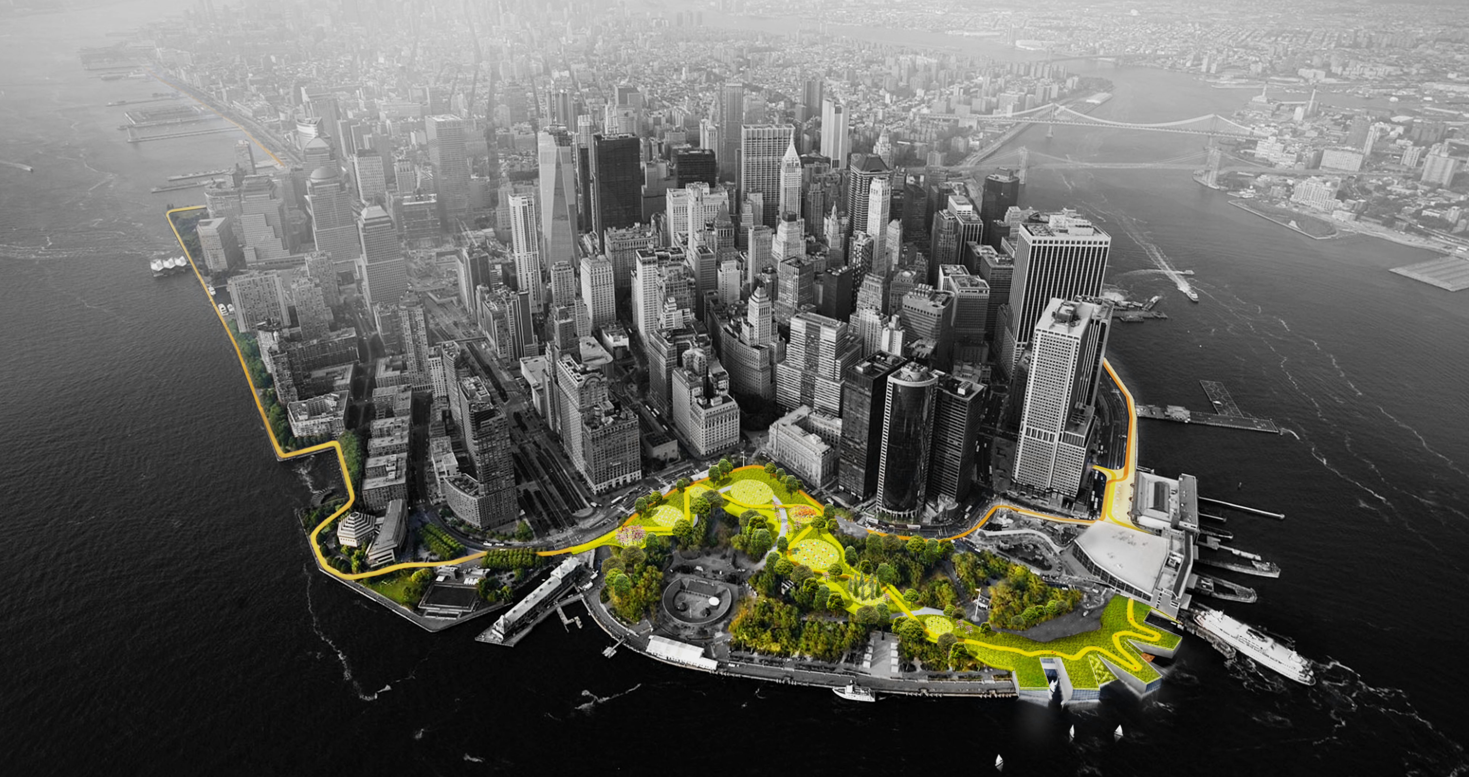 Aerial view of lower Manhattan. Green spaces are colored green and yellow, while the rest of the image is black and white
