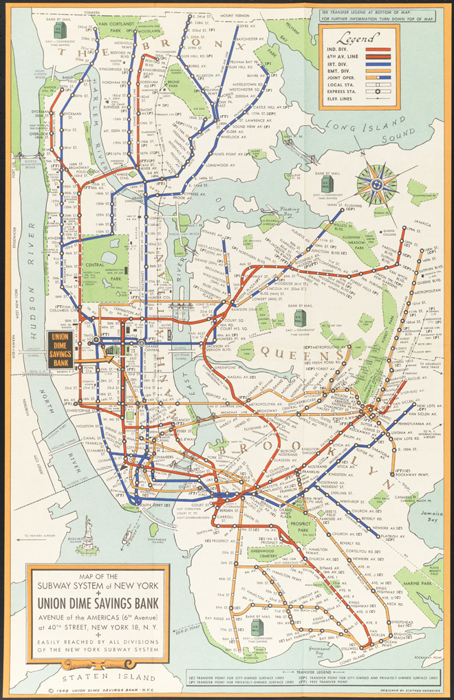 Stephen J. Voorhies e Union Dime Savings Bank. Mapa do sistema de metrô de Nova York Stephen J. Voorhies e Union Dime Savings Bank. Mapa do sistema de metrô de Nova York, 1948. Museu da cidade de Nova York, 98.52.6