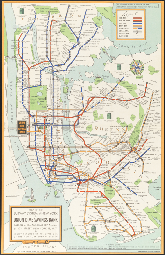 Stephen J. Voorhies et Union Dime Savings Bank. Carte du réseau de métro de New YorkStephen J. Voorhies et Union Dime Savings Bank. Carte du réseau de métro de New York, 1948. Musée de la ville de New York, 98.52.6