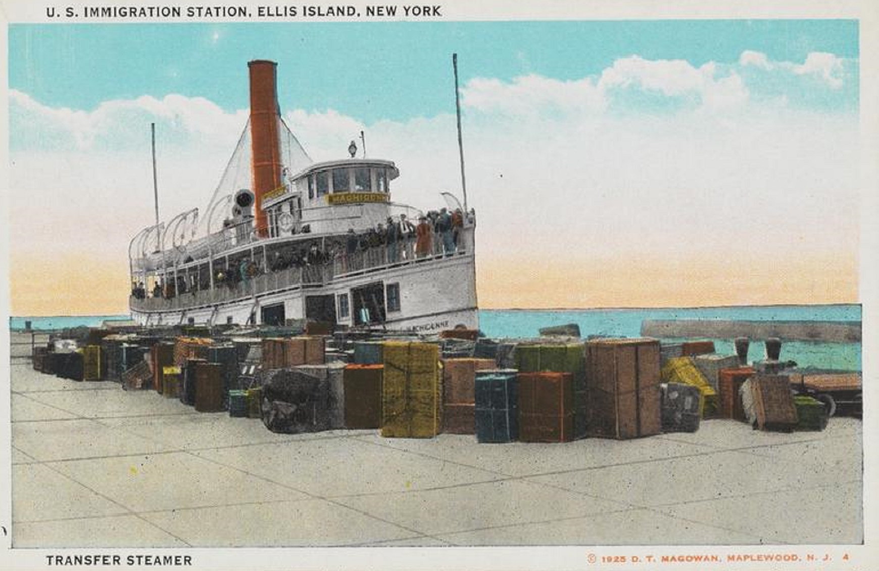 Postal de la Estación de Inmigración de los Estados Unidos, Ellis Island, Nueva York. Transferencia de vapor.