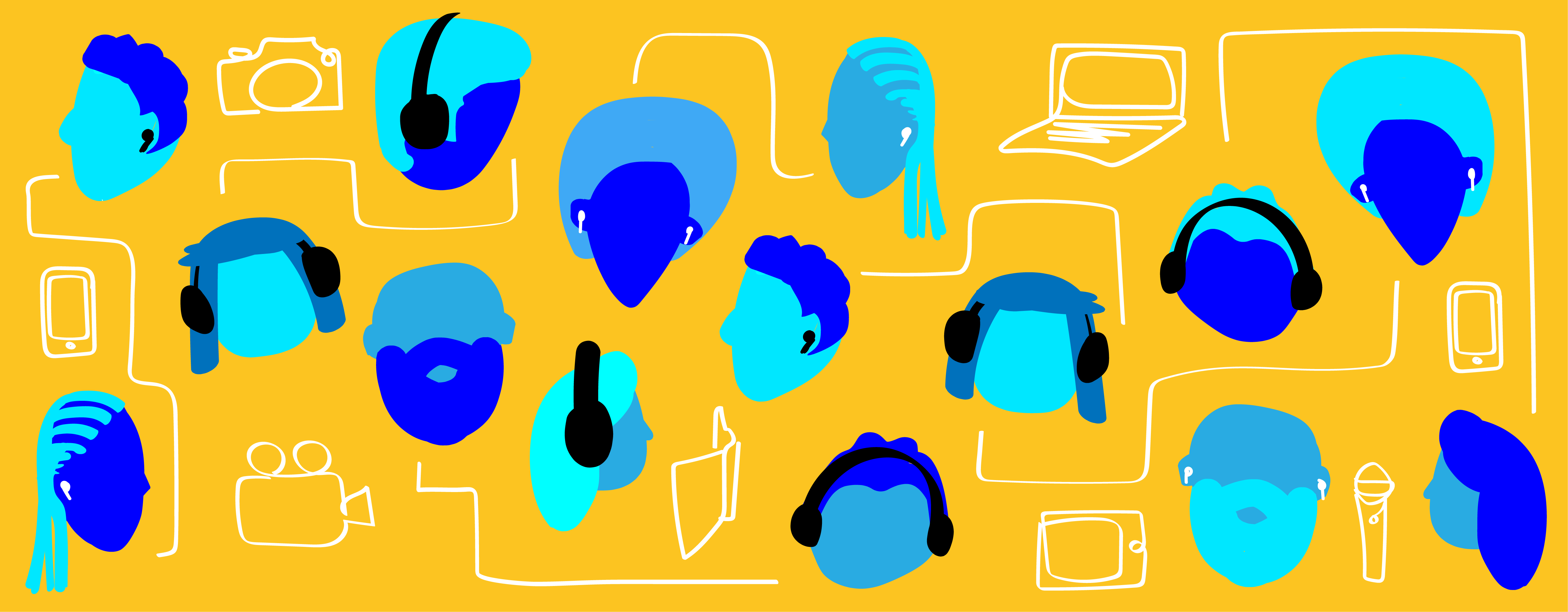 该图显示了许多头部，有些戴着耳机，以及各种设备，例如笔记本电脑，电话和平板电脑
