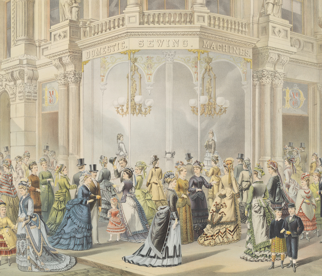 Color engraving that depicts a crowd of ladies and children in 19-century fashionable dress standing in front of a window display for Domestic Sewing Machines. 