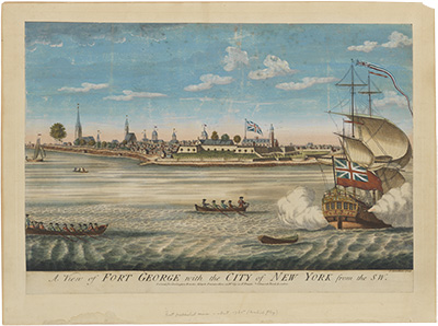 Landscape painting of the harbor view of Fort George (formerly Fort Amsterdam) with people on rowboats and a sailship waving the British flag in the foreground. The larger colony of New York and its bigger buildings are depicted in the background with the British flag flying over one of the larger buildings.