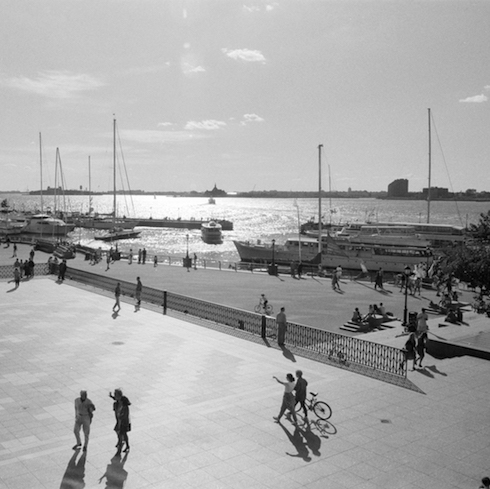Black and white photo of Battery Park and waterfront.