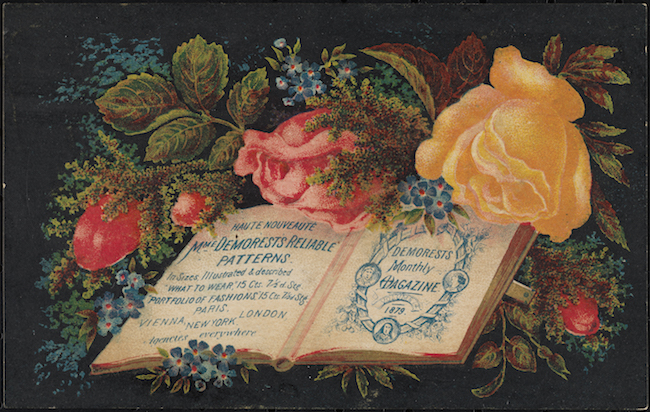 An arrangement of colorful flowers against a black background surround a book opened to pages with blue text advertising Demorests fashions. 