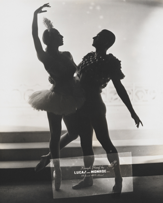 Two ballerinas, a man and a woman in costume, pose in together in silhouette...