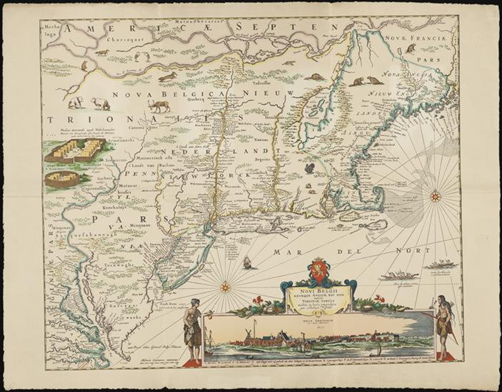 Mapa de principios de América, que muestra el noreste con un cartucho que representa Nueva Amsterdam.