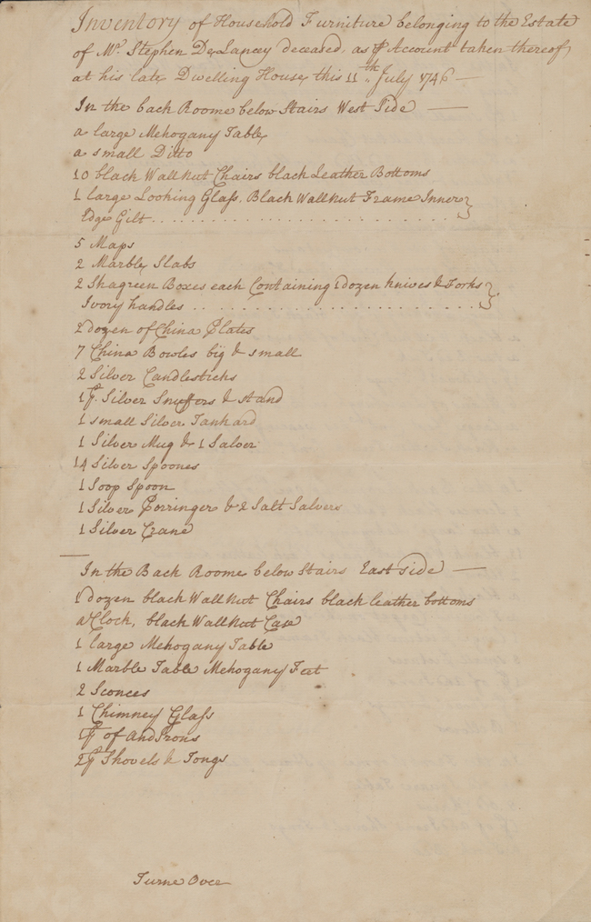 Inventario manuscrito de muebles domésticos en la mansión del difunto Stephen De Lancey, 115 Broadway, 11 de julio de 1746