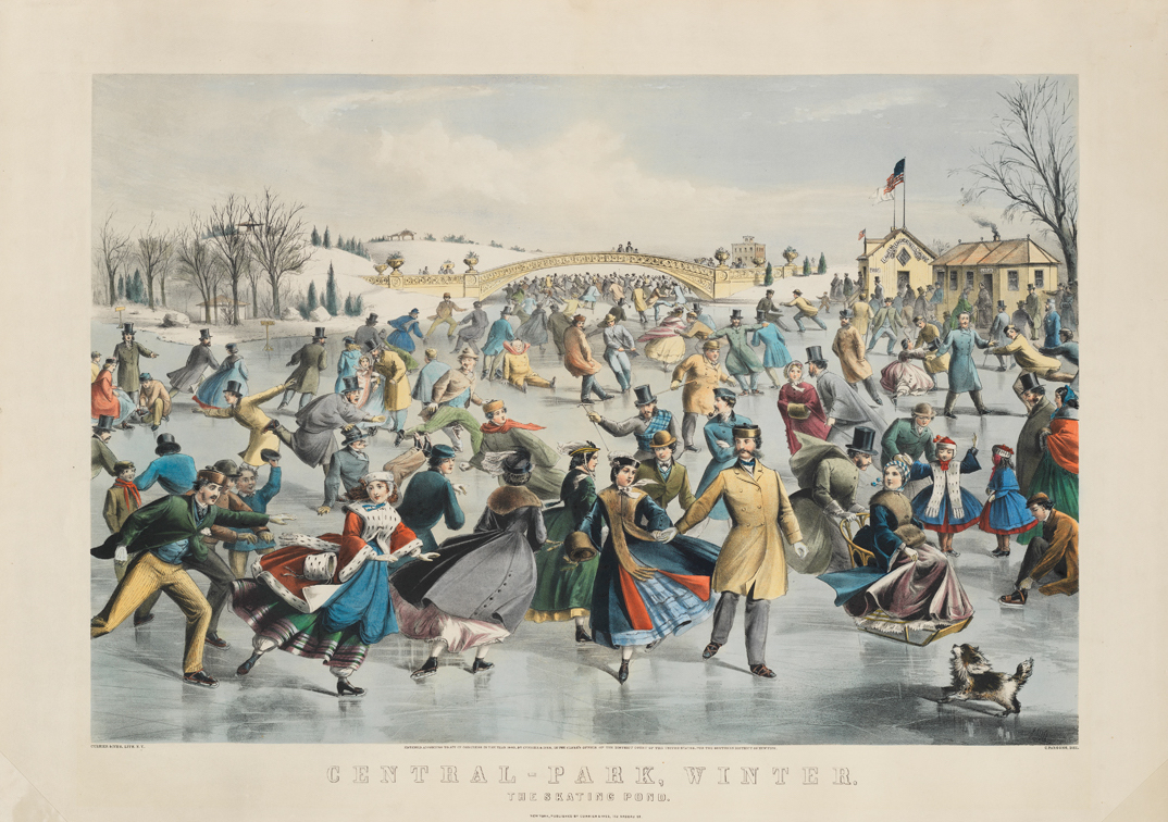 Un dessin lithographique en couleurs représentant un groupe de personnes vêtues au milieu du XIXe siècle patinant à l'extérieur dans Central Park.