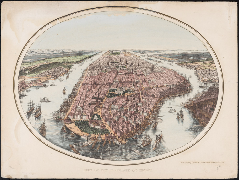约翰·巴赫曼（John Bachmann），《纽约和周围地区的鸟瞰图》，ca。 1865年