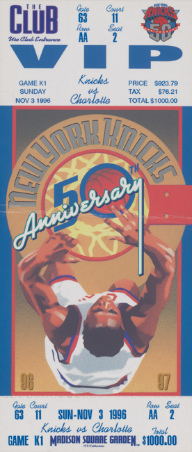 V. I. P Admission ticket to New York Knicks game against Charlotte. Image taken from above of unidentified basketball player dunking ball through a hoop.