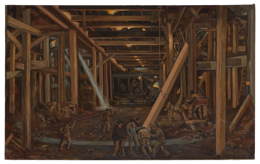 A brown-hued painting showing an underground construction scene. Several men in the foreground lift a large beam that is suspended by a rope and pully while light filters in from the street above.