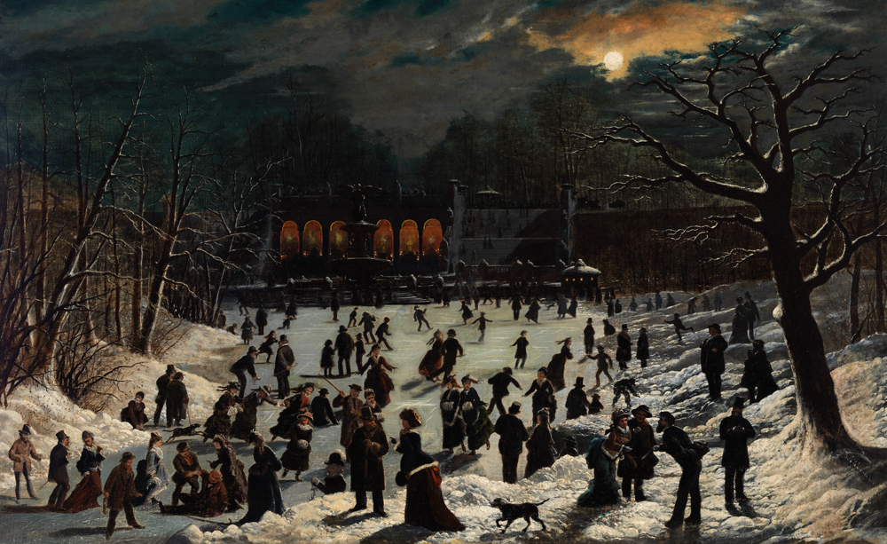 A painting of a group of people skating outdoors in Central Park by moonlight.