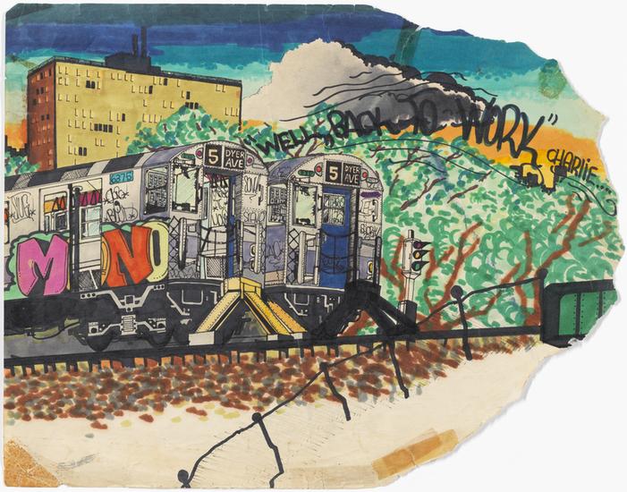 Colorful drawing of a subway with pink, orange, and yellow letters painted onto the side of the NYC subway train car. In the background there is a brown and yellow building, green trees, and a blue sky. 