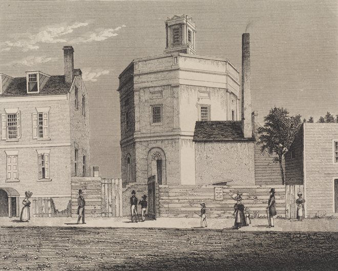 Charles Burton (19th cent.)이 그린 Hatch & Smillie가 각인. 공공 저수지, Bowery, 뉴욕. 1831. 뉴욕시 박물관. 29.100.1536