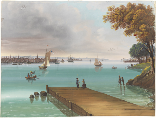 Gouache of a dock on the waterfront, with many small boats on the water.