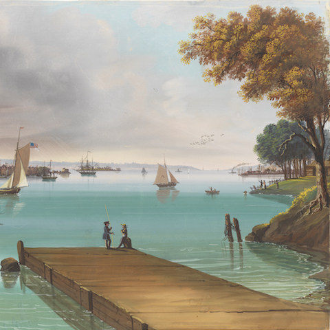 Gouache of a dock on the waterfront, with many small boats on the water.