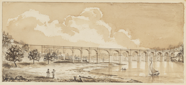 Ink drawing of the Croton Aqueduct at Harlem River. In the lower left, two people stand on the shore. A small boat is on the river in the lower right. Large clouds fill up the sky about the aqueduct.