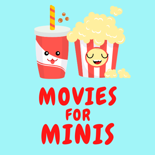 "Movies for Minis" 아래에 텍스트가 있는 의인화된 분수 음료와 팝콘을 보여주는 그래픽