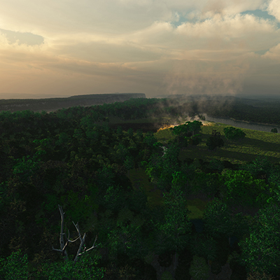 Digital image of the recreation of Mannahatta from a bird's eye view, showing a forest of green trees in the foreground, with a line of light and smoke seen from the sky, next to a body of water.
