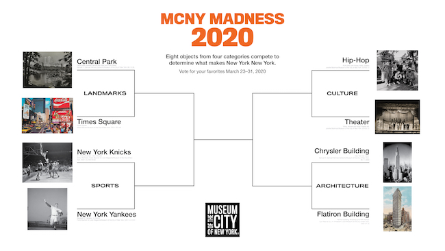 Bracket diagram showing the eight contenders for the MCNY Madness Challenge, March 2020