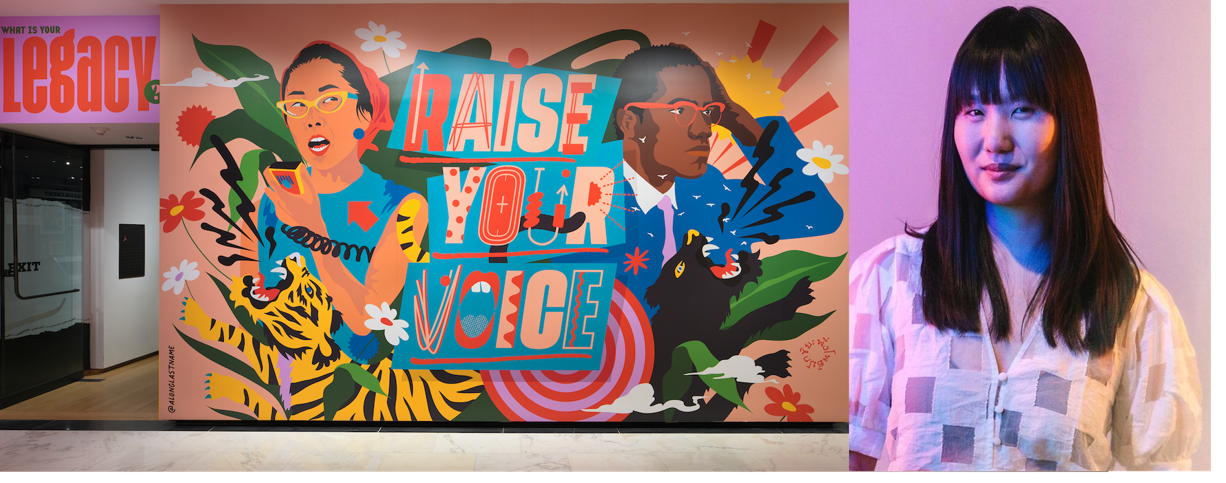 活动家 Yuri Kochiyama 和 Malcolm X 的彩色壁画和粉红色背景前艺术家 Amanda Phingbodhipakkiya 的头像。