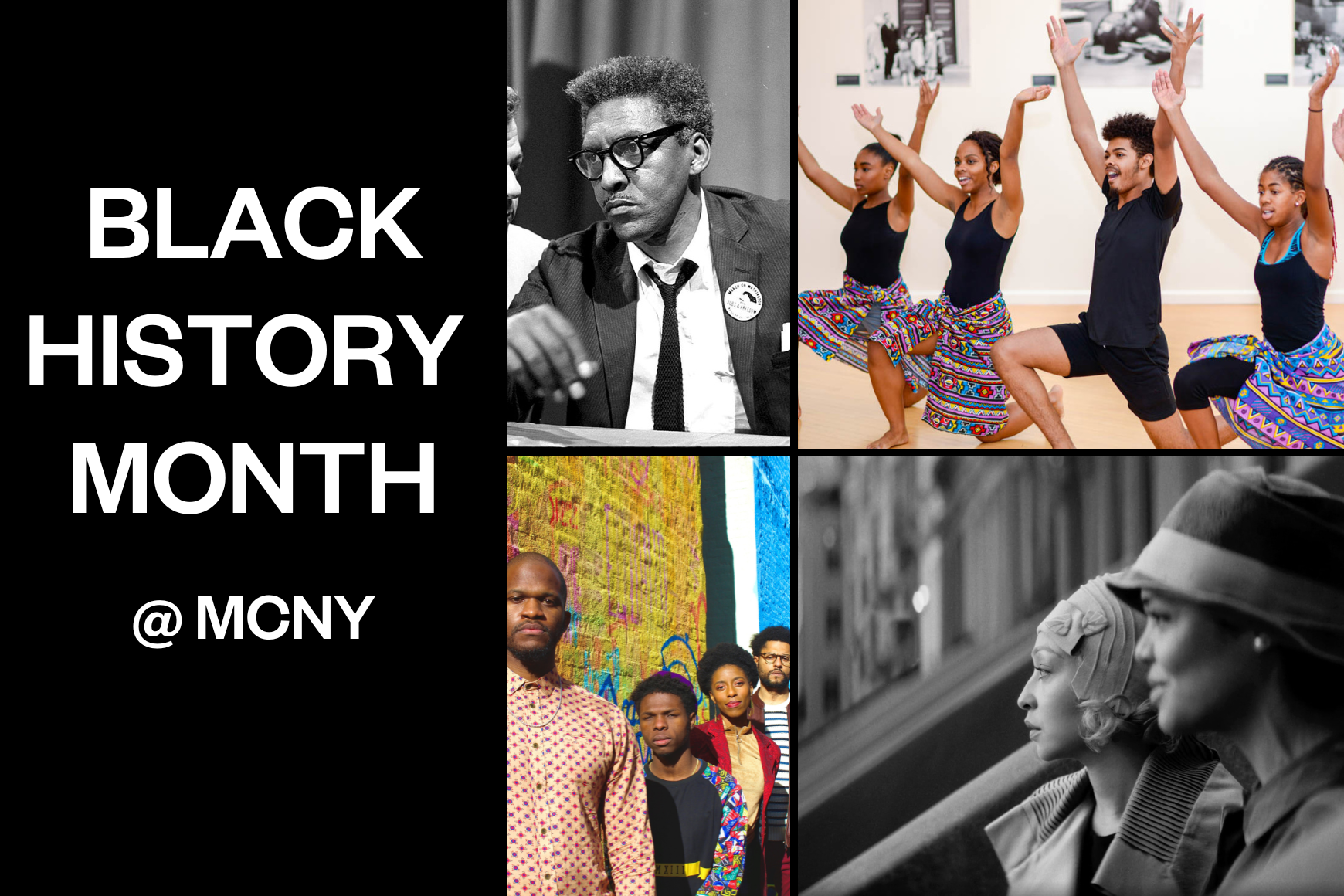 写真コラージュ付きのテキスト「Black History Month @MCNY」