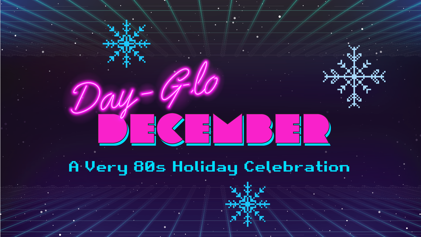 Image graphique avec plusieurs flocons de neige pixélisés et les mots "Day-Glo December: A Very 80s Holiday Celebration"