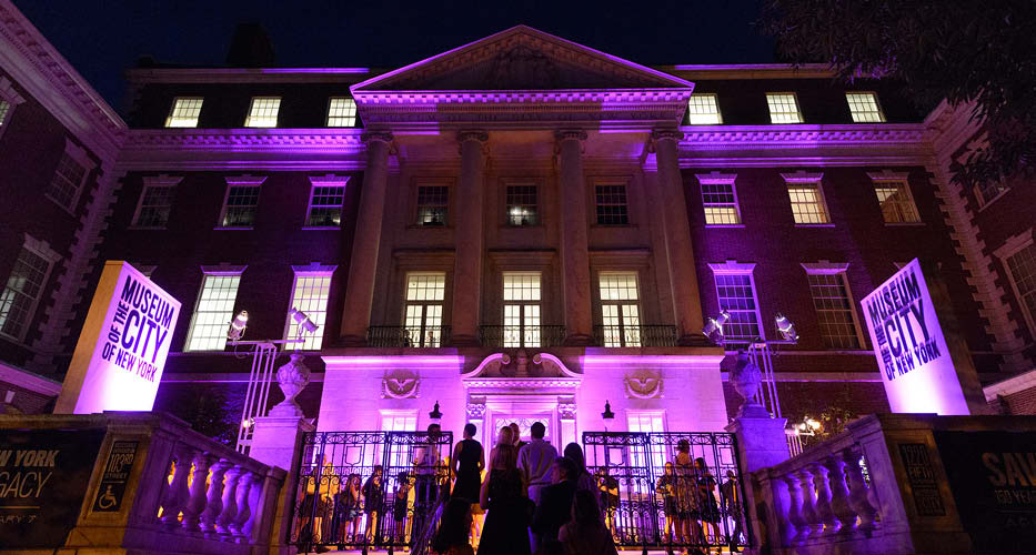 Exterior of the museum with purple lights. 