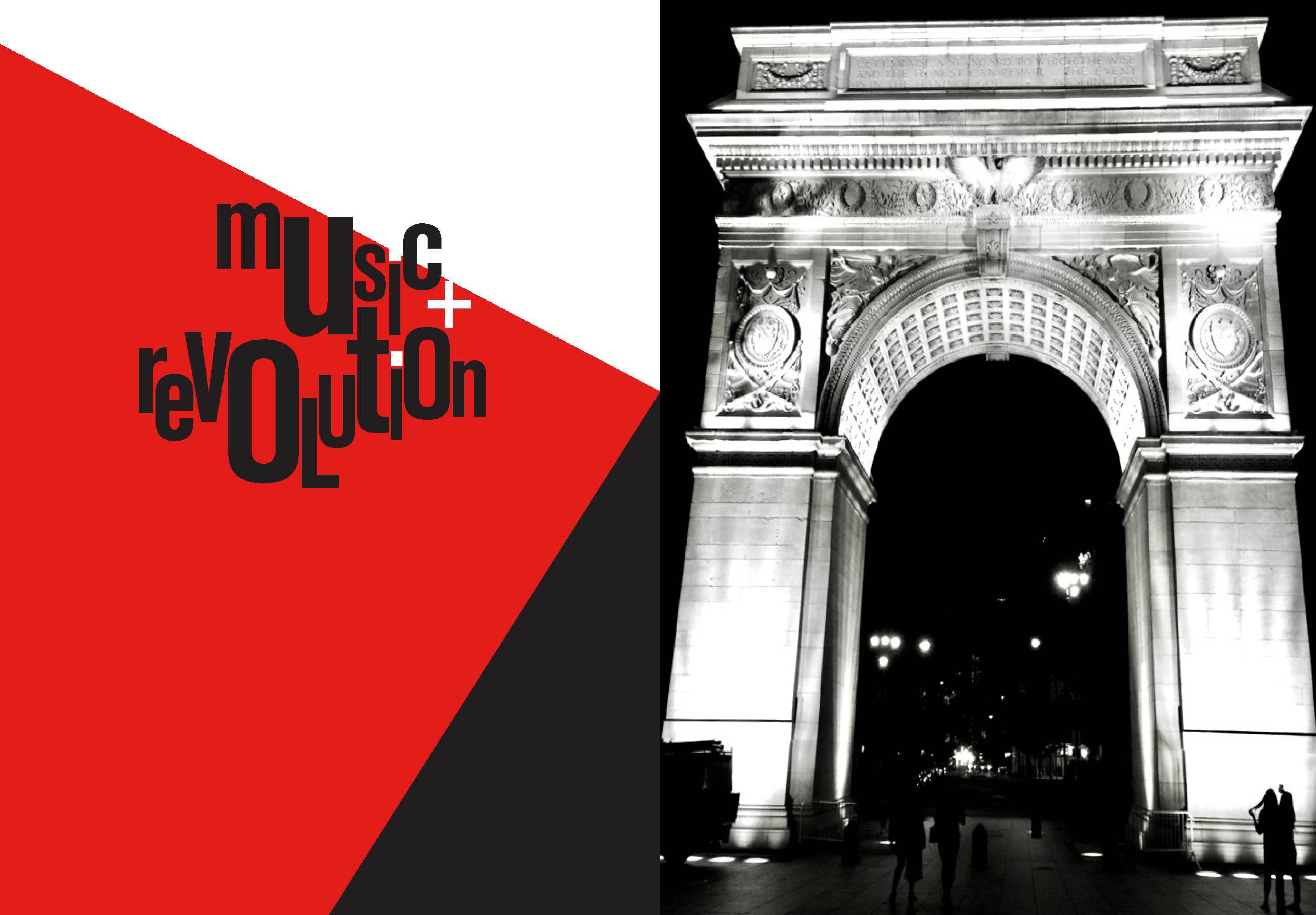 Duas imagens em um banner: Music + Revolution no lado esquerdo e uma imagem do Washington Square Park Arch à direita.