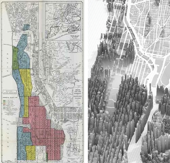 Dos mapas de la ciudad de Nueva York, uno de mapas de zonificación residencial utilizado por los bancos en la década de 1930 y el otro una representación artística de 2019, que ofrecen dos miradas diferentes a las disparidades económicas en la ciudad. Las imágenes están en el correo electrónico que acompaña esta solicitud.