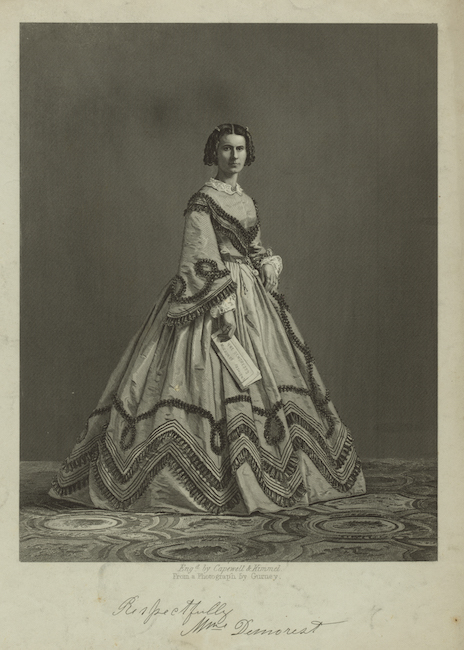 Engraving of Ellen Demorest holding a copy of her magazine, "Mme. Demorest’s Mirror of Fashions"
