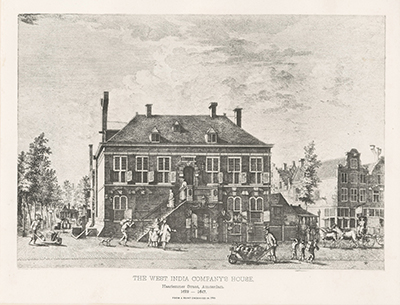 Black and white illustration of the West India Company House in Amsterdam with working people and horses in the foreground.