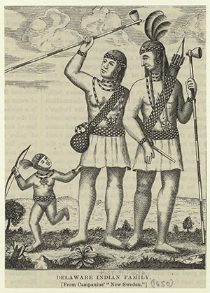 Illustration of an open, natural background with a man, woman, and child in the foreground. All three wearing patterned sashes along with waists, head, and armbands with jewelery, weapons, and staffs with a cup-like structure attached.