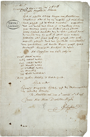 Imagen de un documento antiguo con escritura descolorida y un sello que dice "SRYKS ARCHIEF" en la parte superior izquierda de la página.