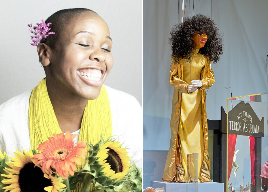 Left: Headshot of puppeteer Nehprii Amenii with flowers, Right: Photograph of a marionette based on Diana Ross. 