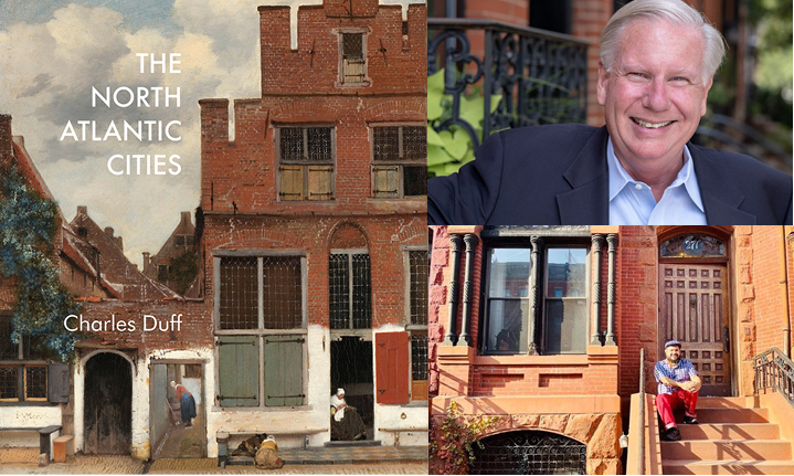 Imagens de casas geminadas na capa do livro North Atlantic Cities, foto da cabeça de Charles Duff, imagem de Monxo Lopez em frente a um prédio de brownstone