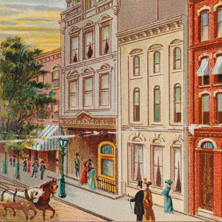 Tarjeta de cigarrillos que representa el Old Brooklyn Theatre, 1900-1940
