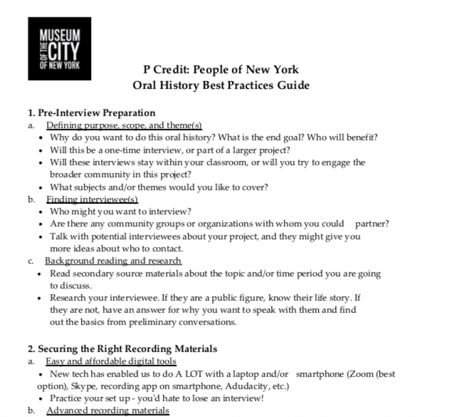 Document shows the Oral History Best Practices Guide created by MCNY Staff. This view shows points 1 and 2. 