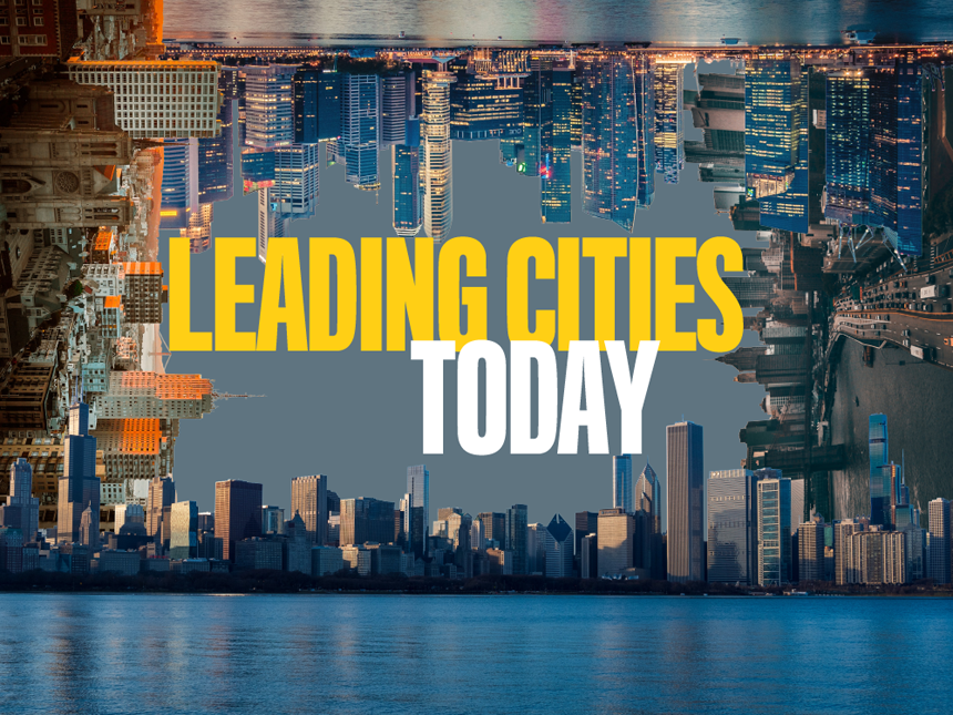 No centro da imagem, há um texto amarelo que diz "Cidades líderes" e logo abaixo do texto branco que diz "Hoje". Em cada uma das fronteiras há um horizonte de arranha-céus de diferentes cidades.