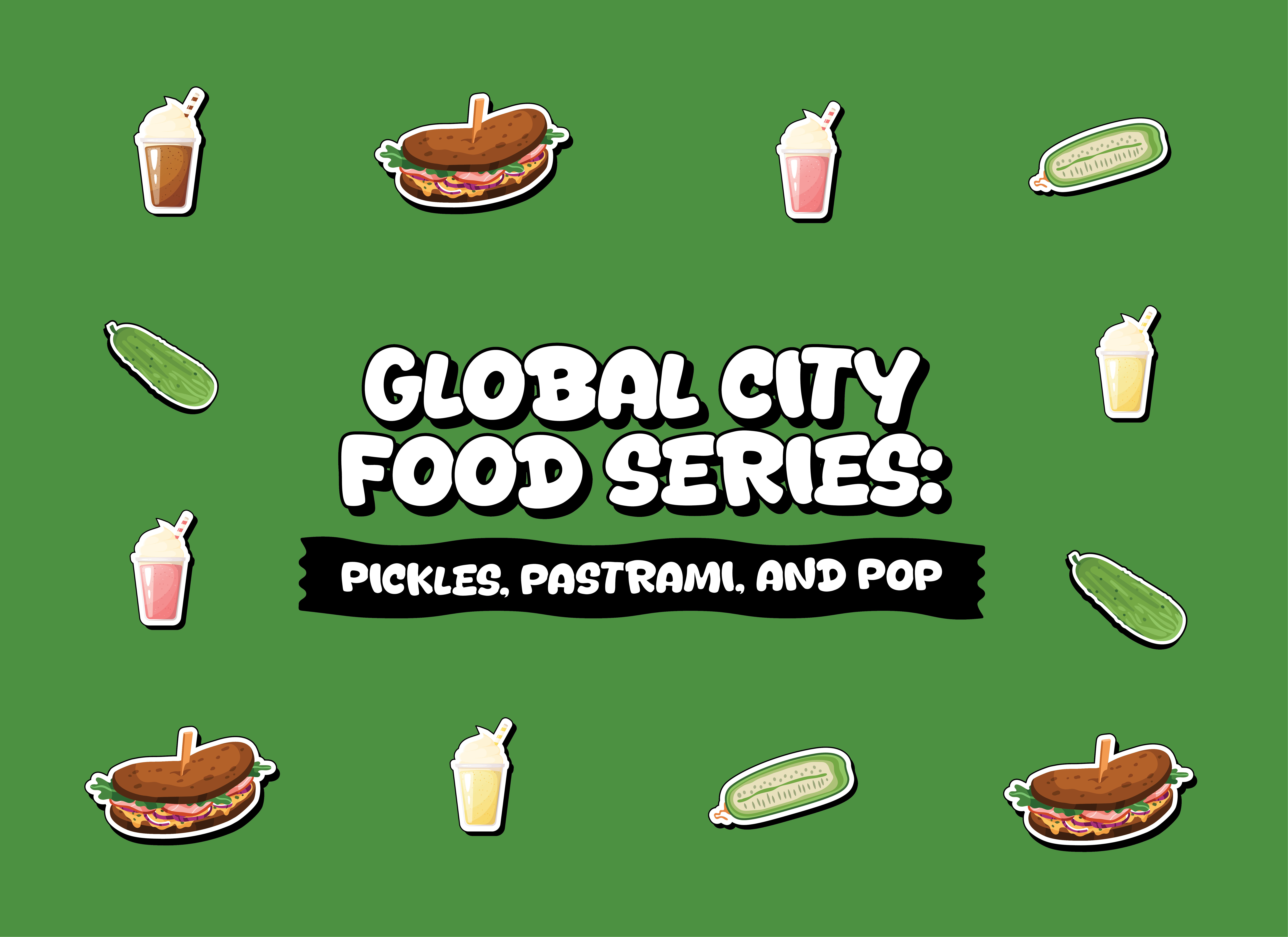 Cartoon sandwiches, soda, and pickles 