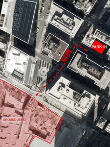 세계 무역 센터에 상대적인 이슬람 커뮤니티 센터의 위치를 ​​보여주는 그래픽